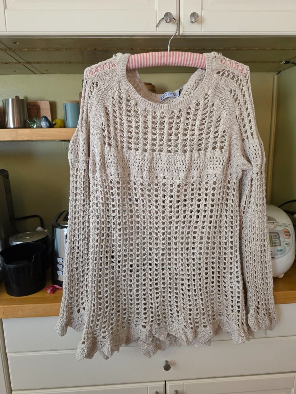 NWOT -Retro Threads Open Knit Crochet Sweater Cream Beige Boho Mesh Pullover Top